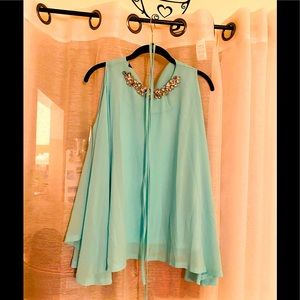~SALE~ MISS FINCH ELEGANT BLOUSE WITH RHINESTONES TURQUOISE L NWT